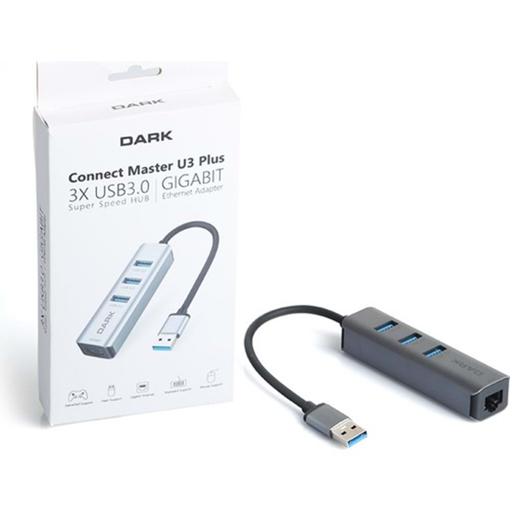 Dark DK-AC-USB332GL USB Type-A to RJ45 Gig. Ethernet ve 3xUSB 3.0 Hub Çok. Adap