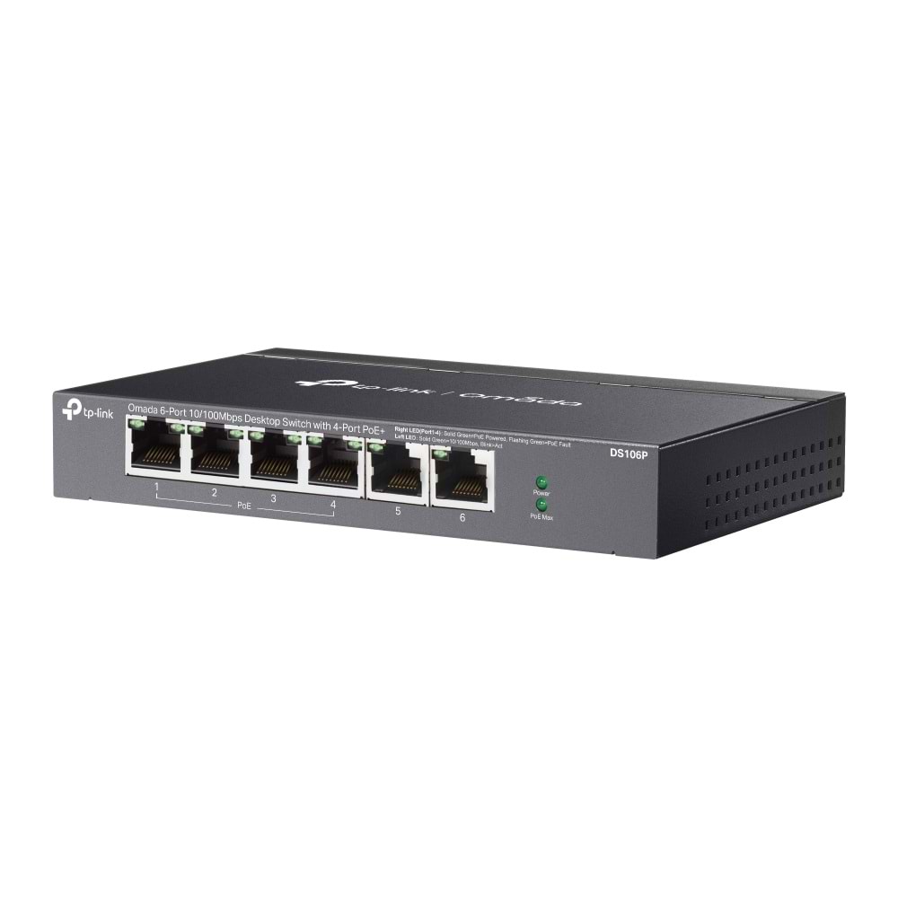 Omada DS106P 4 Port 10/100 + 2 Port 10/100 Uplink 67W 250 Metre PoE Mesafe Metal Kasa Switch
