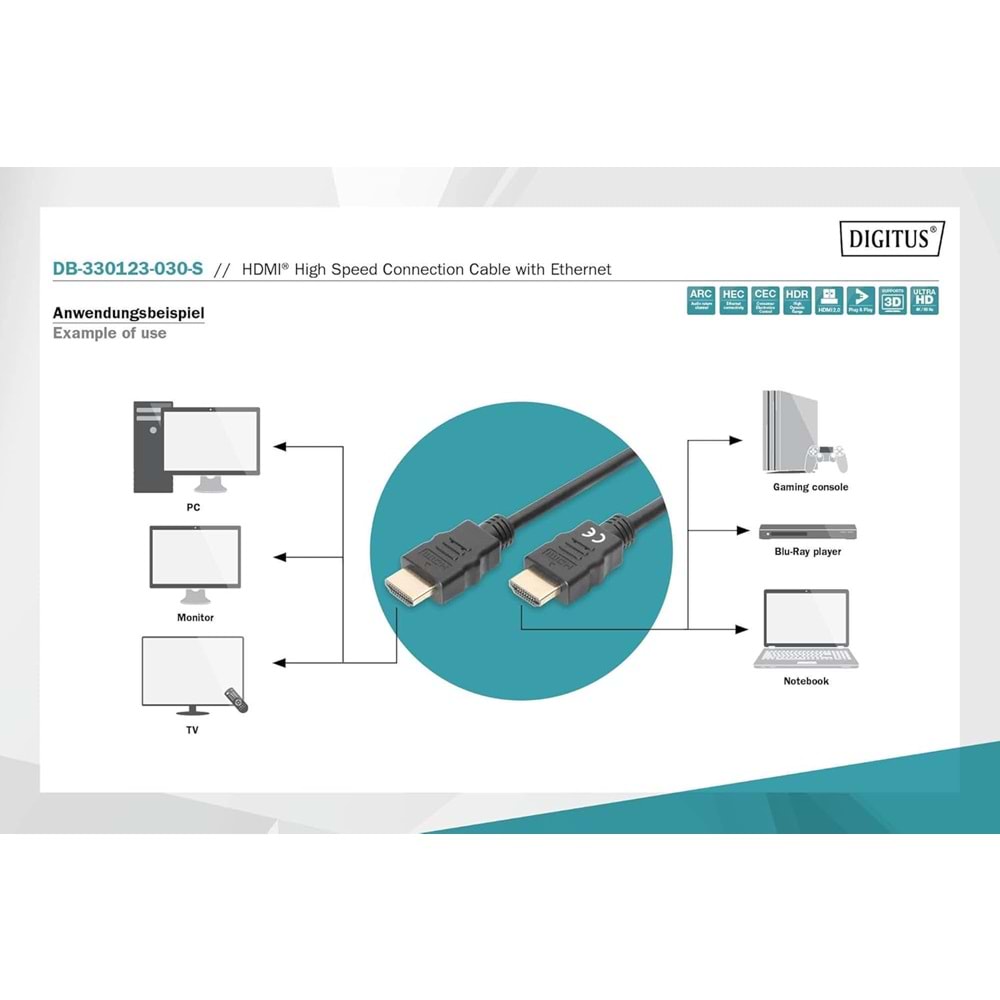 Digitus HDMI Kablo Altın Uçlu Siyah (30m)