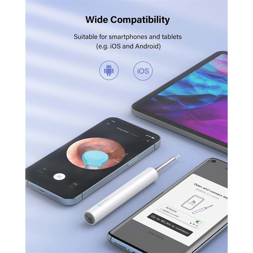 Bebird T5 3MP Kamera 3.5MM Lens Şarjlı Wifi Görüntülü Kulak Temizleyici Beyaz