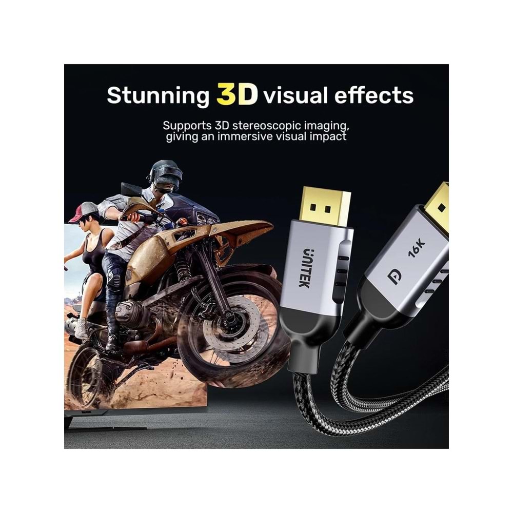 UNITEK DisplayPort 2.1 Kablosu 2 Metre – 16K@60Hz, %100 Bakır – C1626GY01-2M