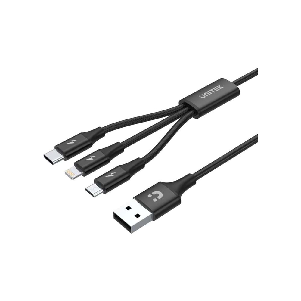 UNITEK USB-A 3in1 Hızlı Şarj Kablosu 1.2 Metre – Micro USB, Type-C, Lightning – C14049BK