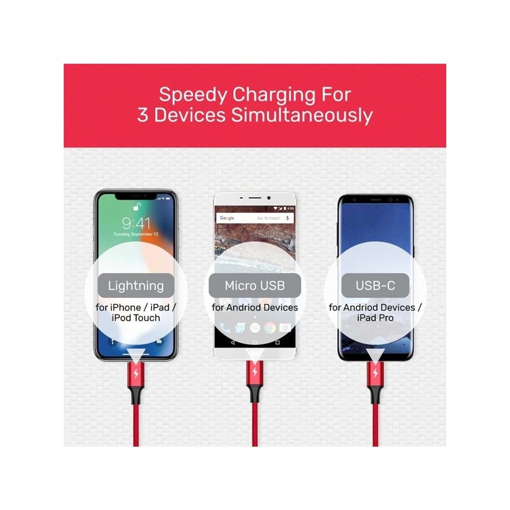 UNITEK USB-A 3in1 Hızlı Şarj Kablosu 1.2 Metre – Micro USB, Type-C, Lightning – C14049BK