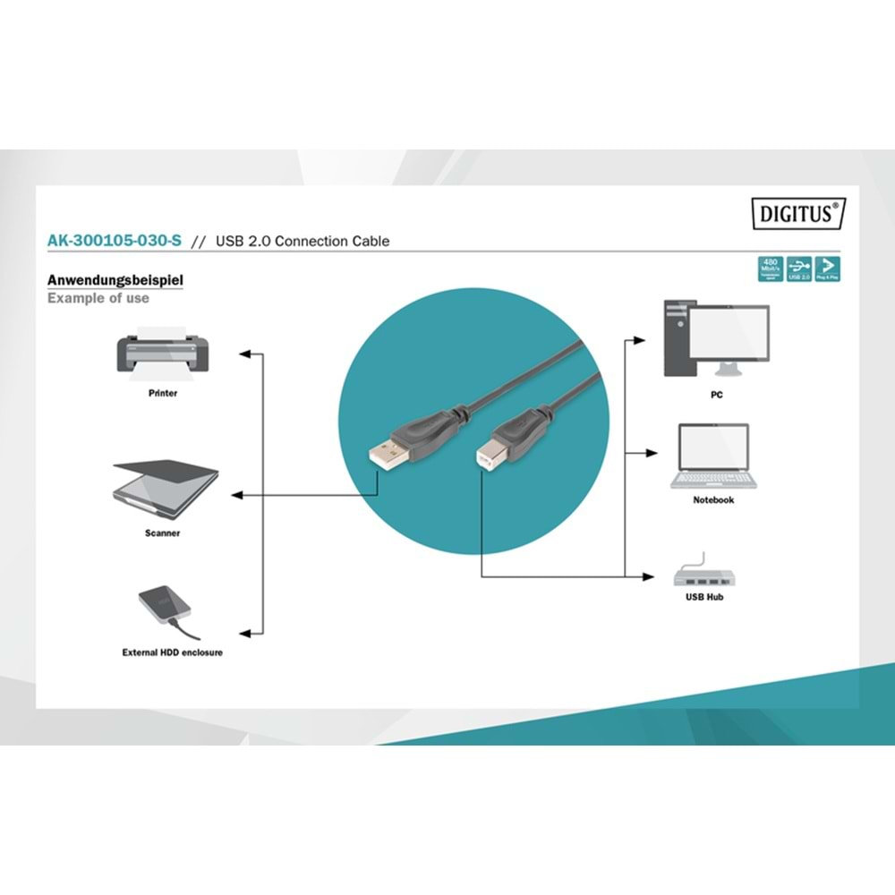 Digitus Yazıcı Kablosu Zırhlı Siyah USB 2.0 (3m)
