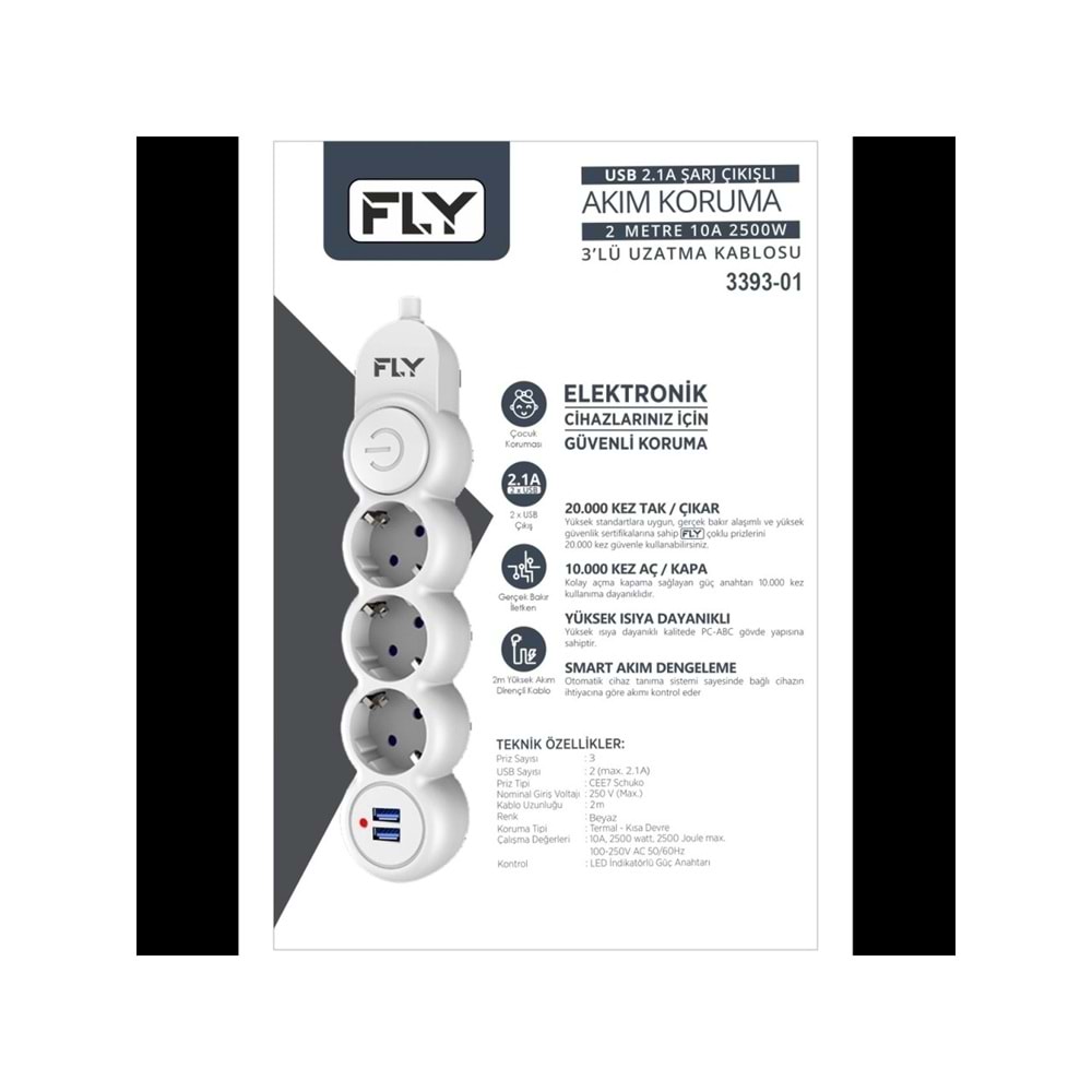 FLY 3393-01 3 Soket 2 USB Akım Korumalı Priz 2.1A Anahtarlı 2Mt Kablo (Beyaz)