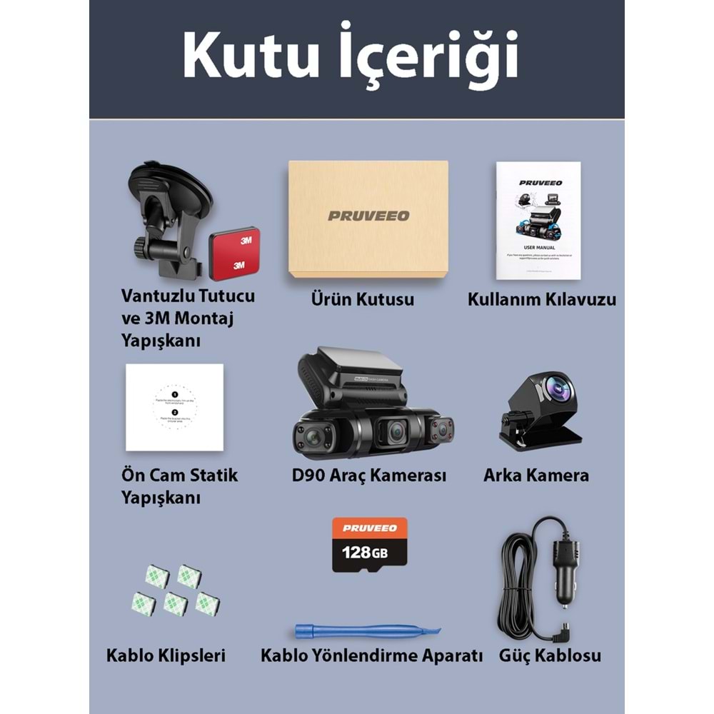PRUVEEO D90-4CH FHD WI-FI GPS + 128GB SD Kart Kame