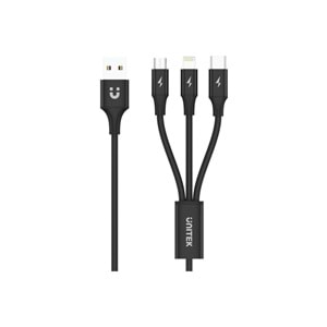 UNITEK USB-A 3in1 Hızlı Şarj Kablosu 1.2 Metre – Micro USB, Type-C, Lightning – C14049BK