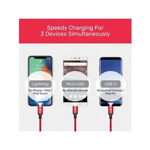 UNITEK USB-A 3in1 Hızlı Şarj Kablosu 1.2 Metre – Micro USB, Type-C, Lightning – C14049BK