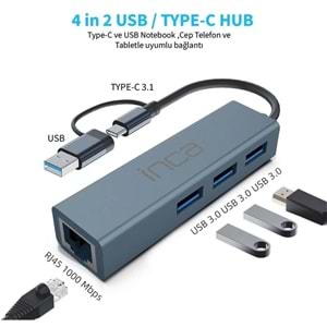 INCA IUTP-03T USB HUBX3 USB 3.0 10 GBPS+ETHERNET RJ45 1000MBPS Çoklayıcı