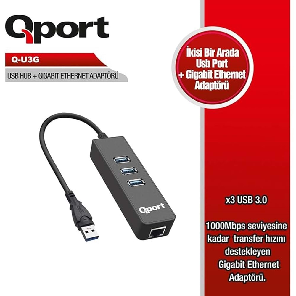 Qport Q-U3G 3 Port USB3.0 Çoklayıcı & Gigabit Ethernet Adaptör