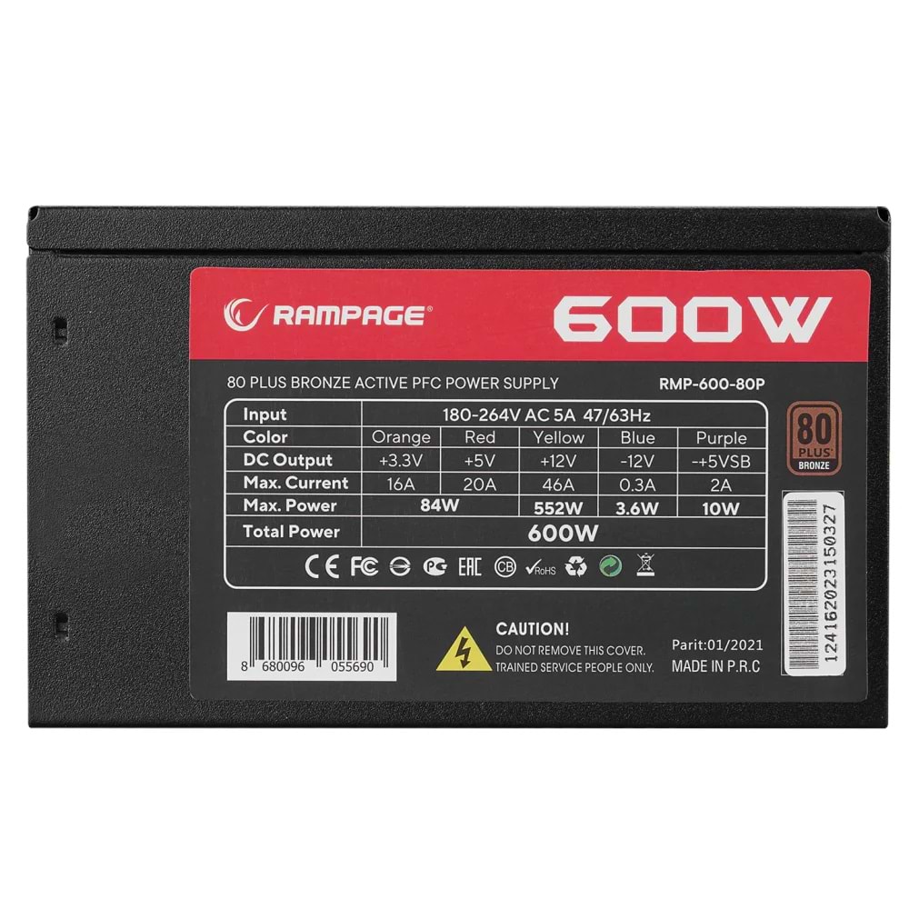 Rampage RMP-600-80P 600W 80+ Bronze Power Supply