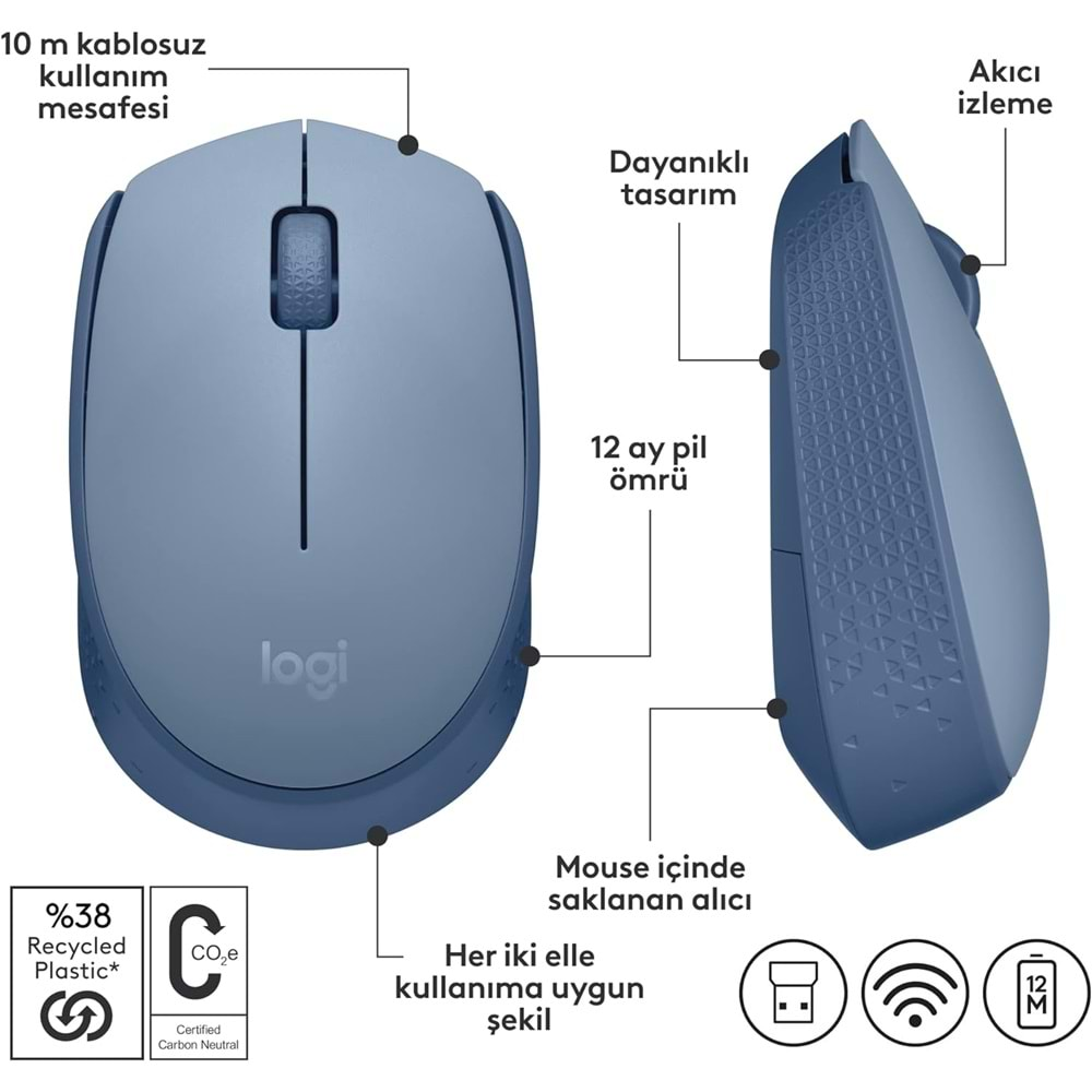 Logitech M171 Kablosuz Mouse Mavi Gri 910 006866