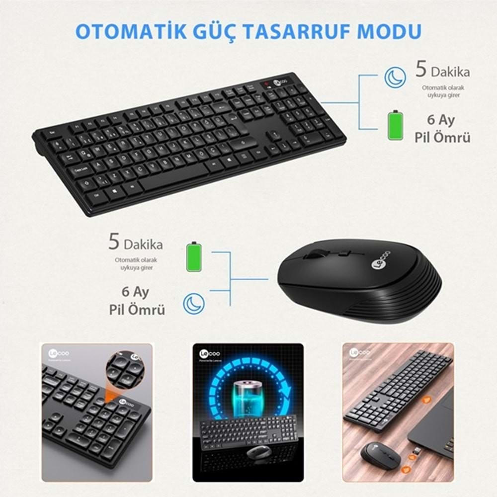 Lenovo Lecoo Kablosuz TR Q Klavye Mouse Set Siyah KM2001-S