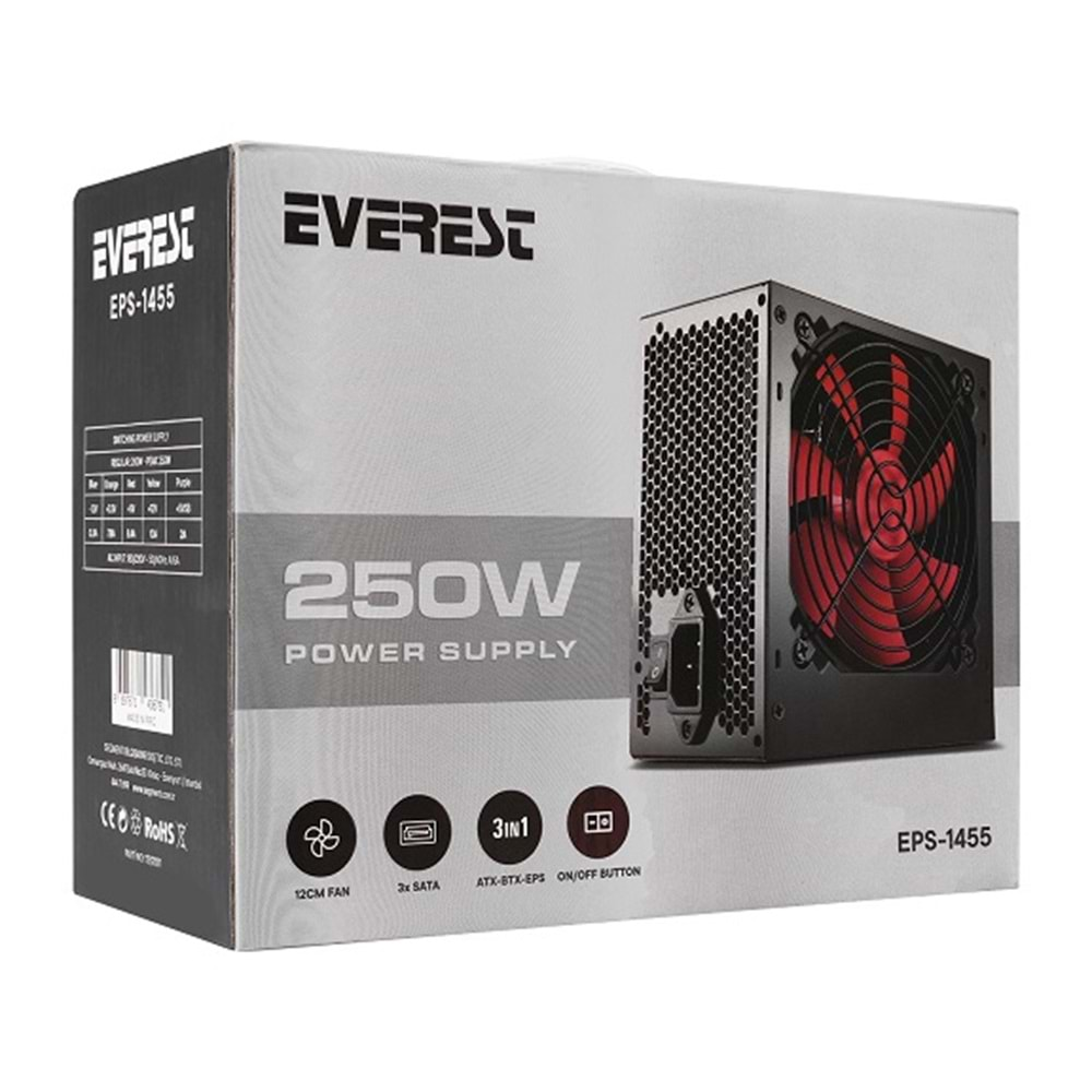 Everest EPS-1455 Peak-250W 12cm Fan 2 SATA 2 IDE ATX Power Supply