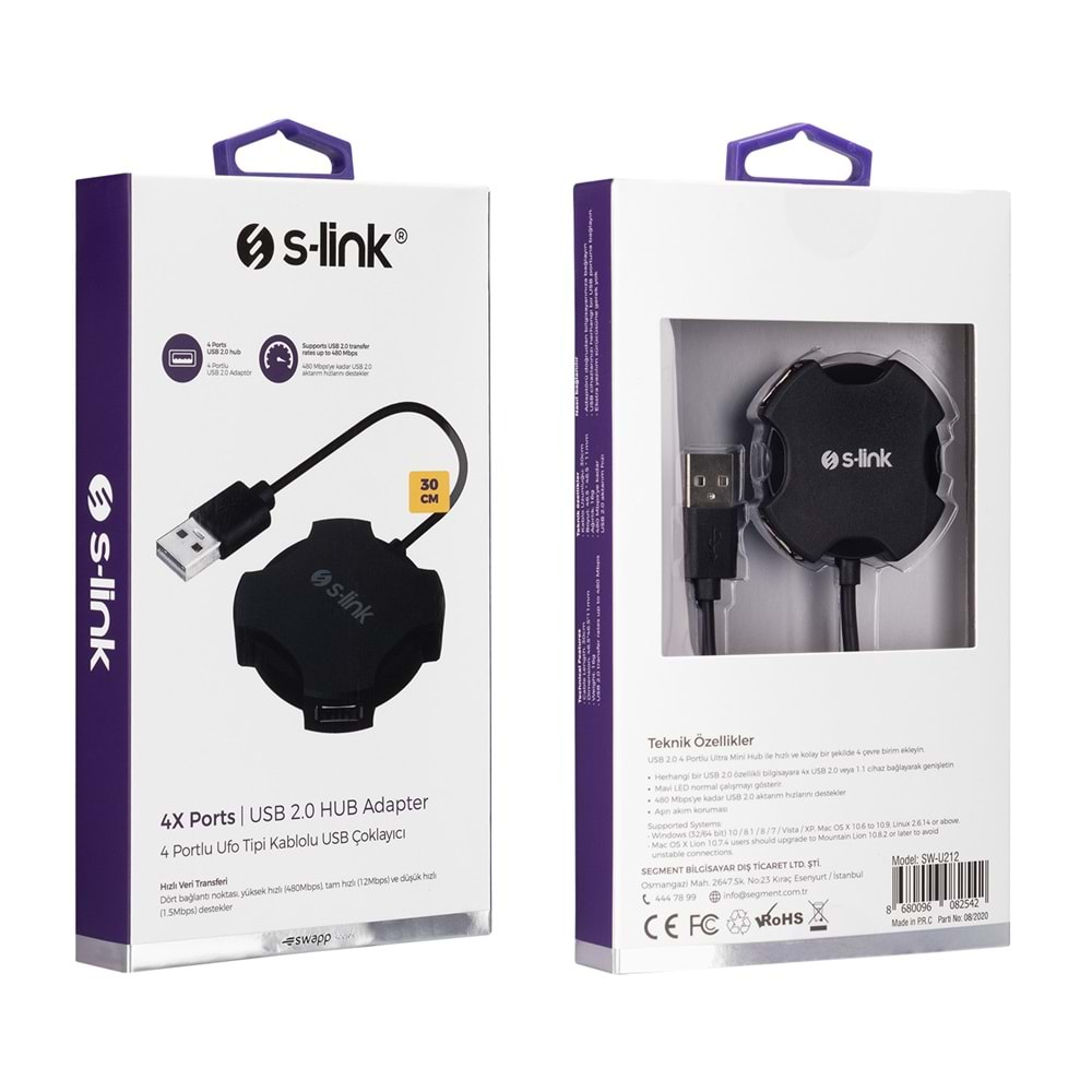 S-Link SWAPP SW-U212 Siyah USB 2.0 4 Port Hub Kablolu Dönüştürücü Adaptör