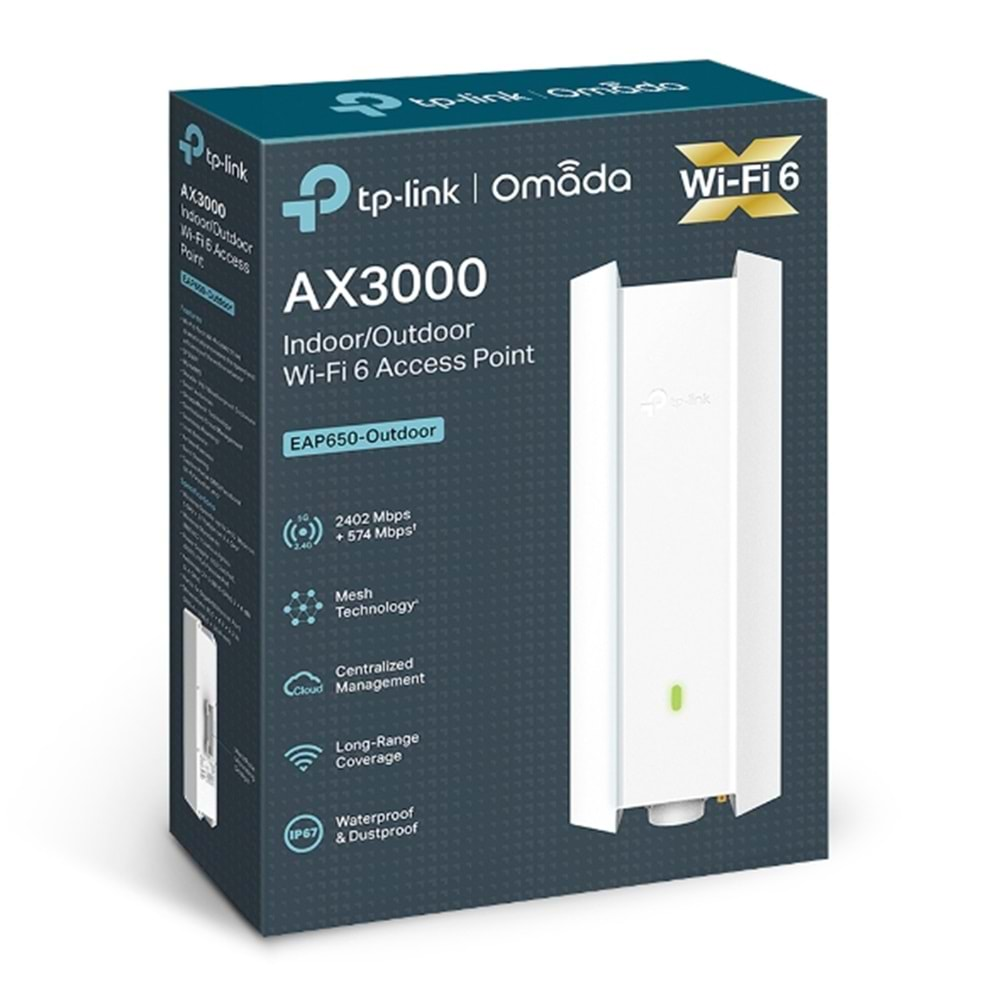 TP-Link Omada EAP650-Outdoor AX3000 Dual Band WiFi 6 1xGigabit RJ45 574Mbps/2.4GHz/2402Mbps/5GHz Access Point (Adaptörlü)