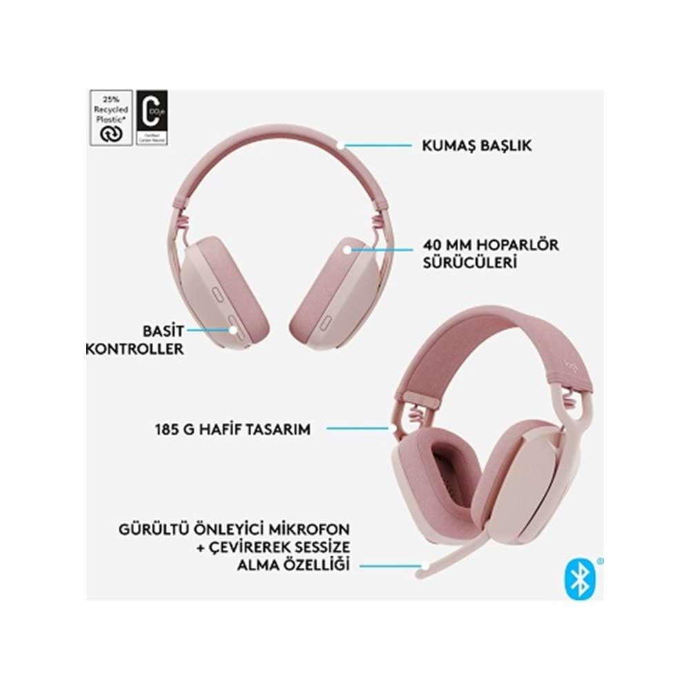 Logitech Zone Vibe 100 Kablosuz Kulaklık Pembe