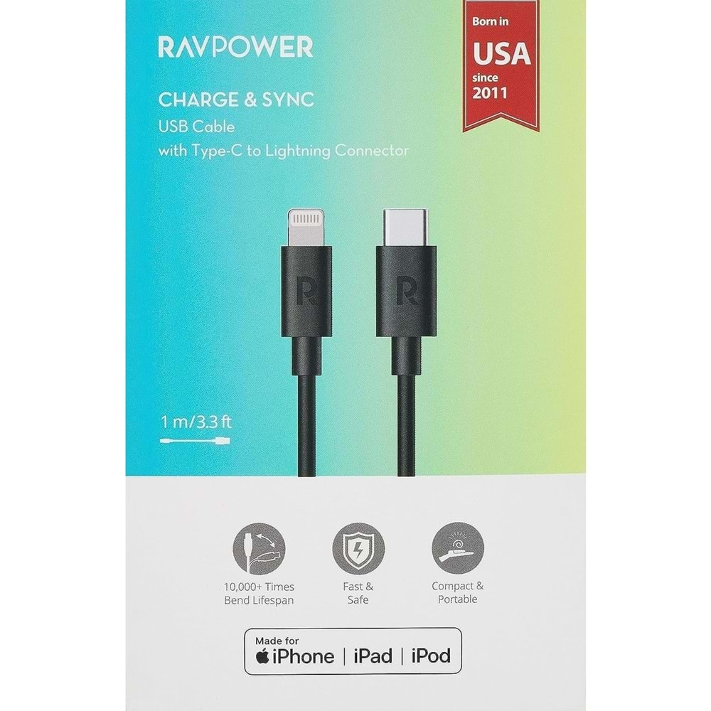 Ravpower RP-CB1016 1mt Type-C To Lightning Tpe Siyah Şarj Kablosu