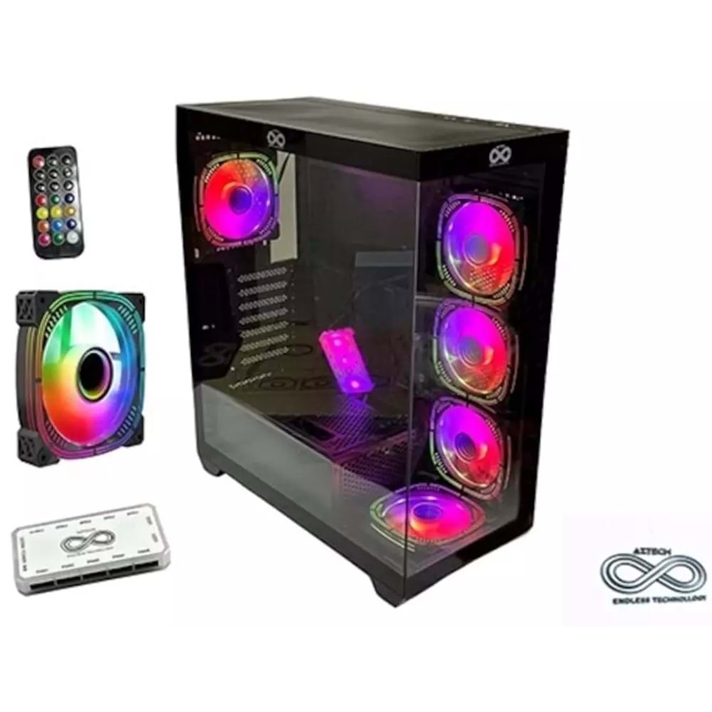 Aztech AZT201 W5*RGB Fan Uzaktan Kumandalı Temperli Cam RGB Switch Beyaz Akvaryum Gaming Kasa
