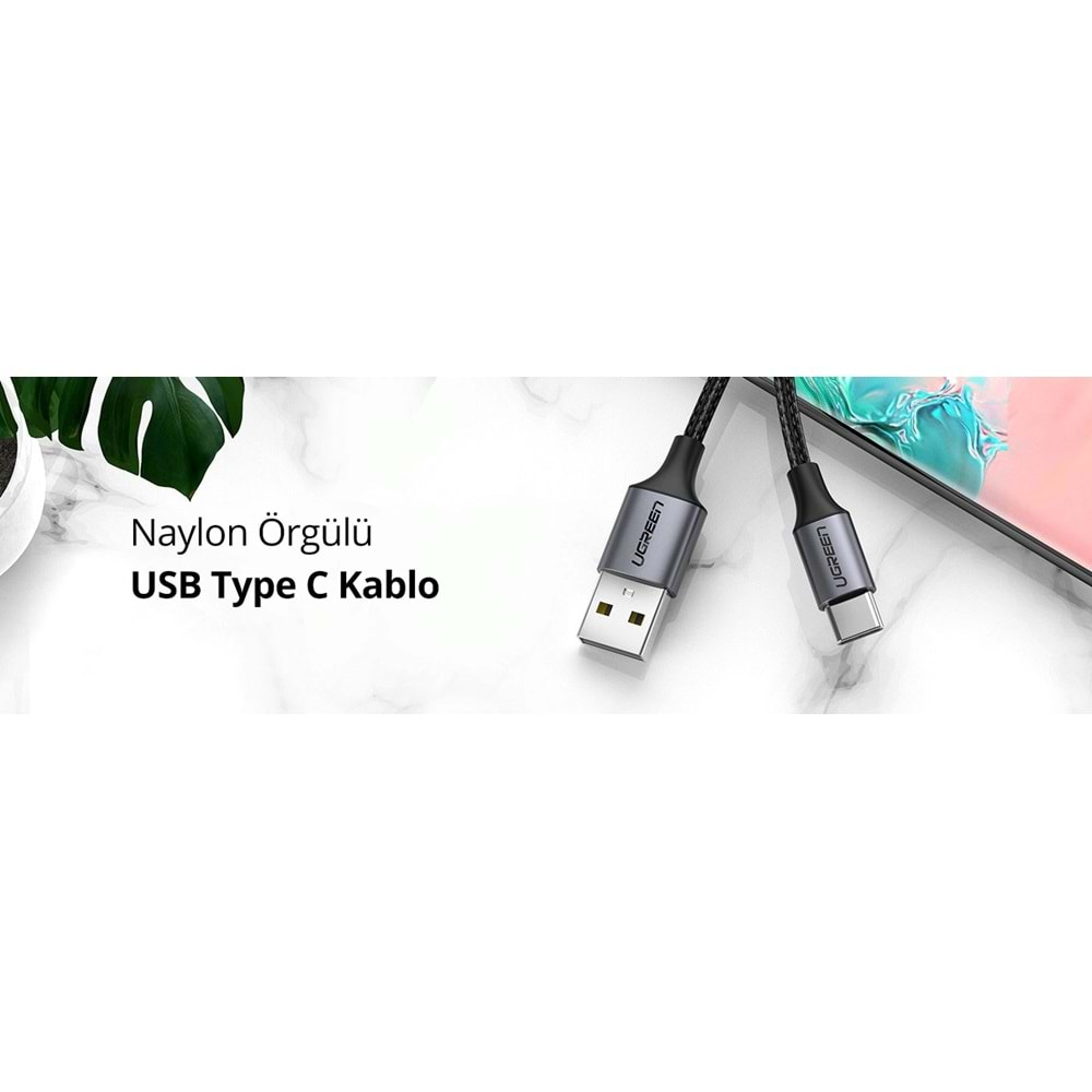 UGreen TYPE-C TO USB-A 3A QC Örgülü Hızlı Şarj Kablosu 1 MT Siyah