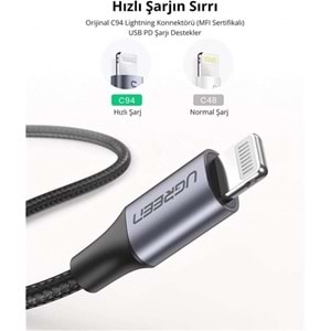 UGreen TYPE-C TO Lightnig 3A PD MFI Sertifikalı Örgülü Hızlı Şarj Kablosu 2 MT Siyah