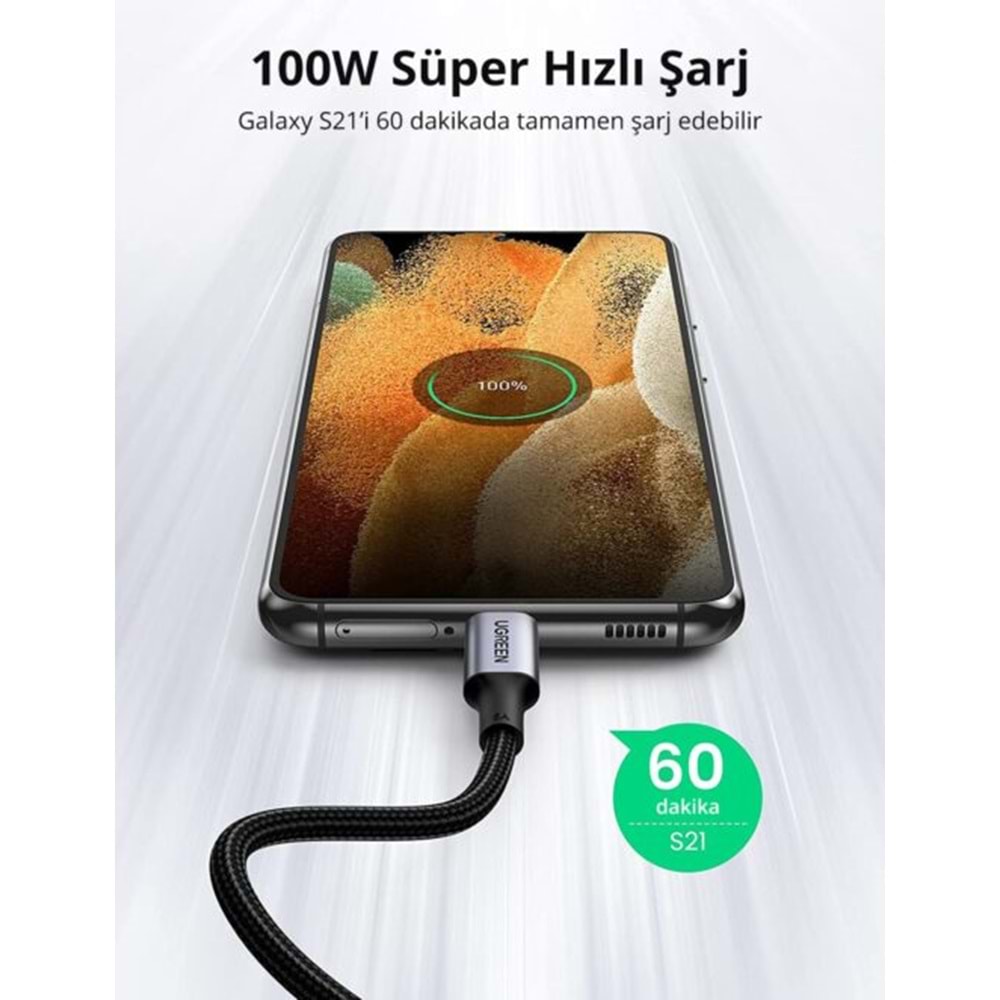 UGreen TYPE-C 100W 5A QC PD Örgülü Hızlı Şarj Kablosu 2 MT Siyah