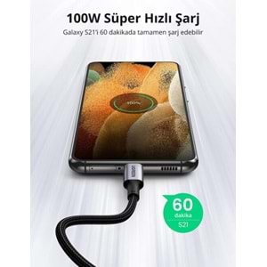UGreen TYPE-C 100W 5A QC PD Örgülü Hızlı Şarj Kablosu 2 MT Siyah