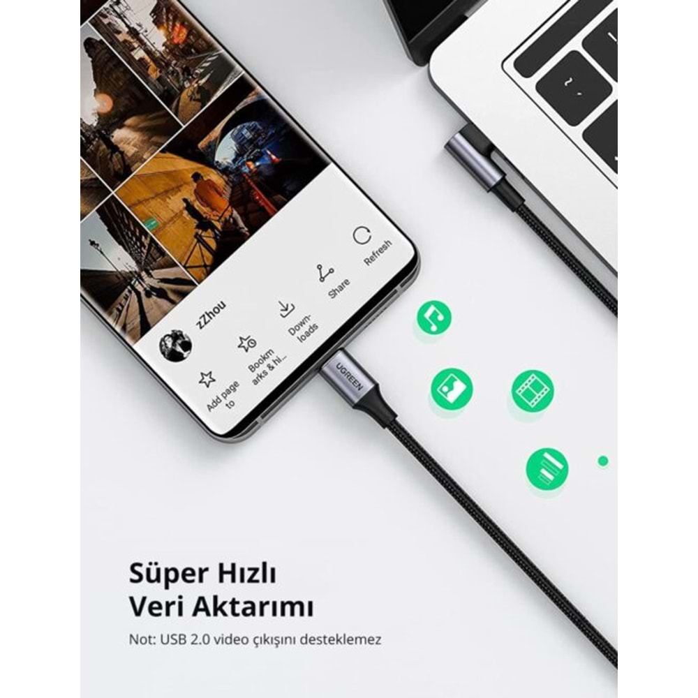 UGreen TYPE-C 100W 5A QC PD Örgülü Hızlı Şarj Kablosu 2 MT Siyah