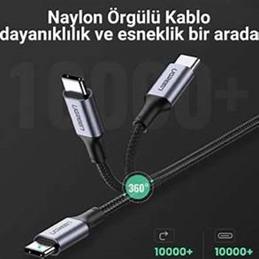 UGreen TYPE-C 100W 5A QC PD Örgülü Hızlı Şarj Kablosu 1 MT Siyah