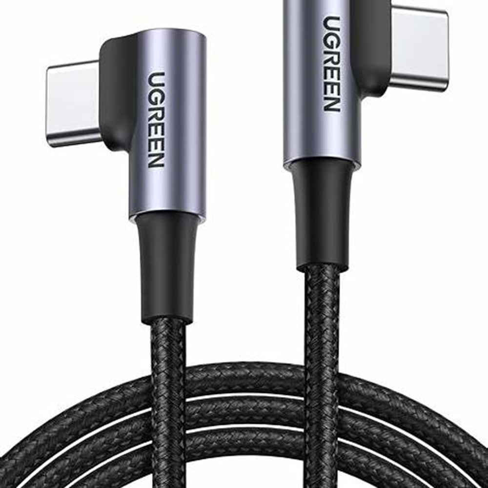 UGreen USB-C 60W 3A QC PD Çift Tarafı 90 Derece Örgülü Hızlı Şarj Kablosu 1 MT Siyah