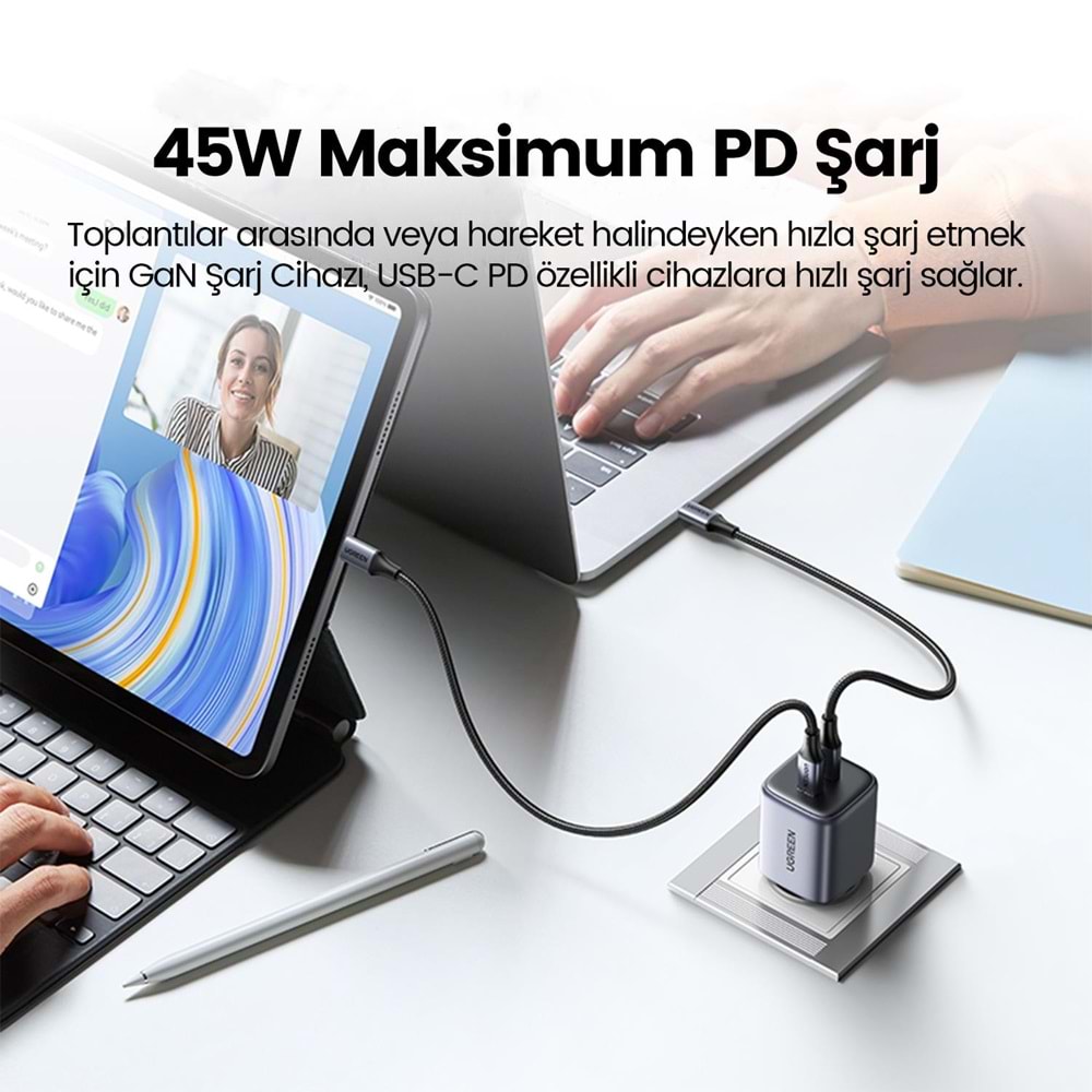 UGreen Nexode PRO 45W GAN Hızlı Şarj Cihazı TYPE-C QC PD 2XUSB-C UZAY Gri