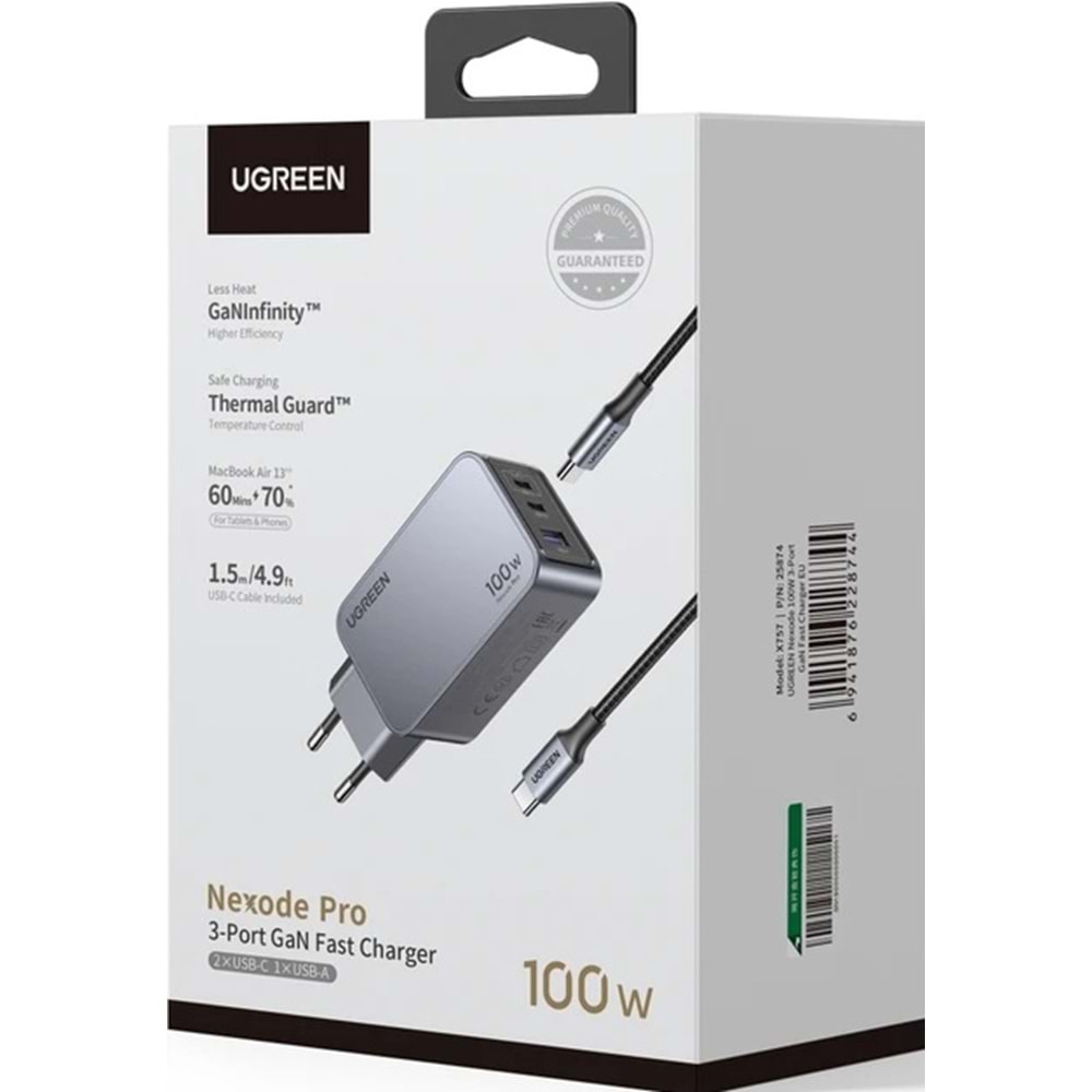 UGREEN NEXODE PRO 100W GAN HIZLI ŞARJ CİHAZI TYPE-C QC PD 2XUSB-C, 1XUSB-A UZAY GRİSİ 25874