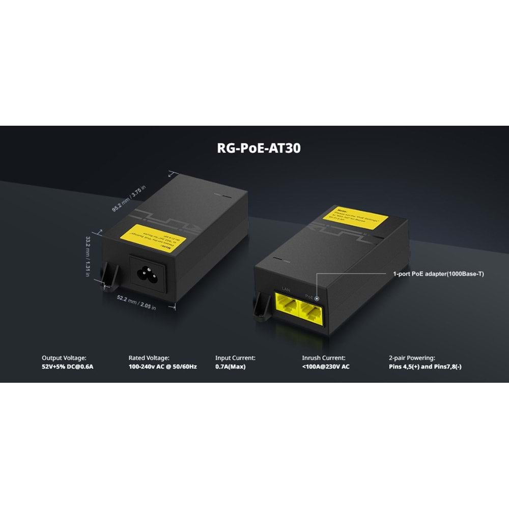 Ruijie Reyee RG-POE-AT30 1-Port 52V 31.2W Gigabit PoE Adaptör