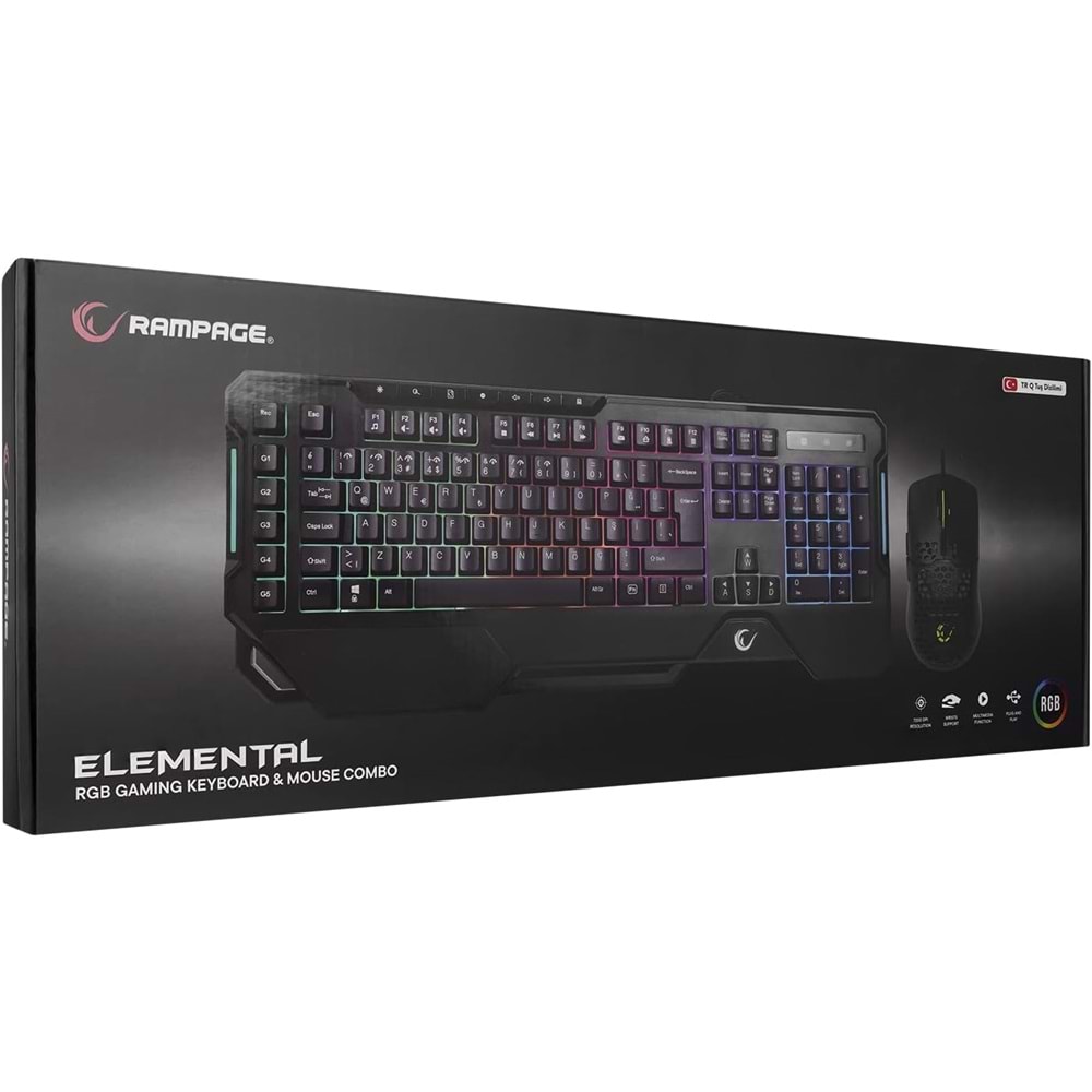 Rampage KM-R96 ELEMENTAL Q RGB Multmedia Klavye+7200dpi Mouse Gaming Set Siyah