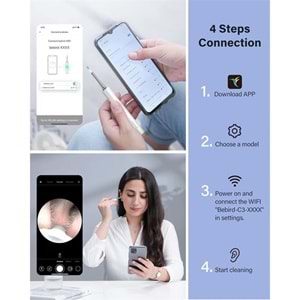 Bebird T5 3MP Kamera 3.5MM Lens Şarjlı Wifi Görüntülü Kulak Temizleyici Beyaz