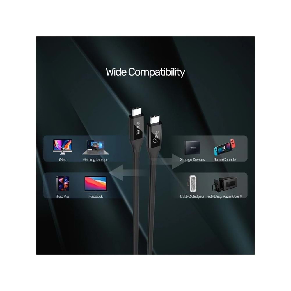 UNITEK USB4 Thunderbolt Kablosu 0.8 Metre – 40Gbps, 100W, 8K@60Hz – C14100BK-0.8M