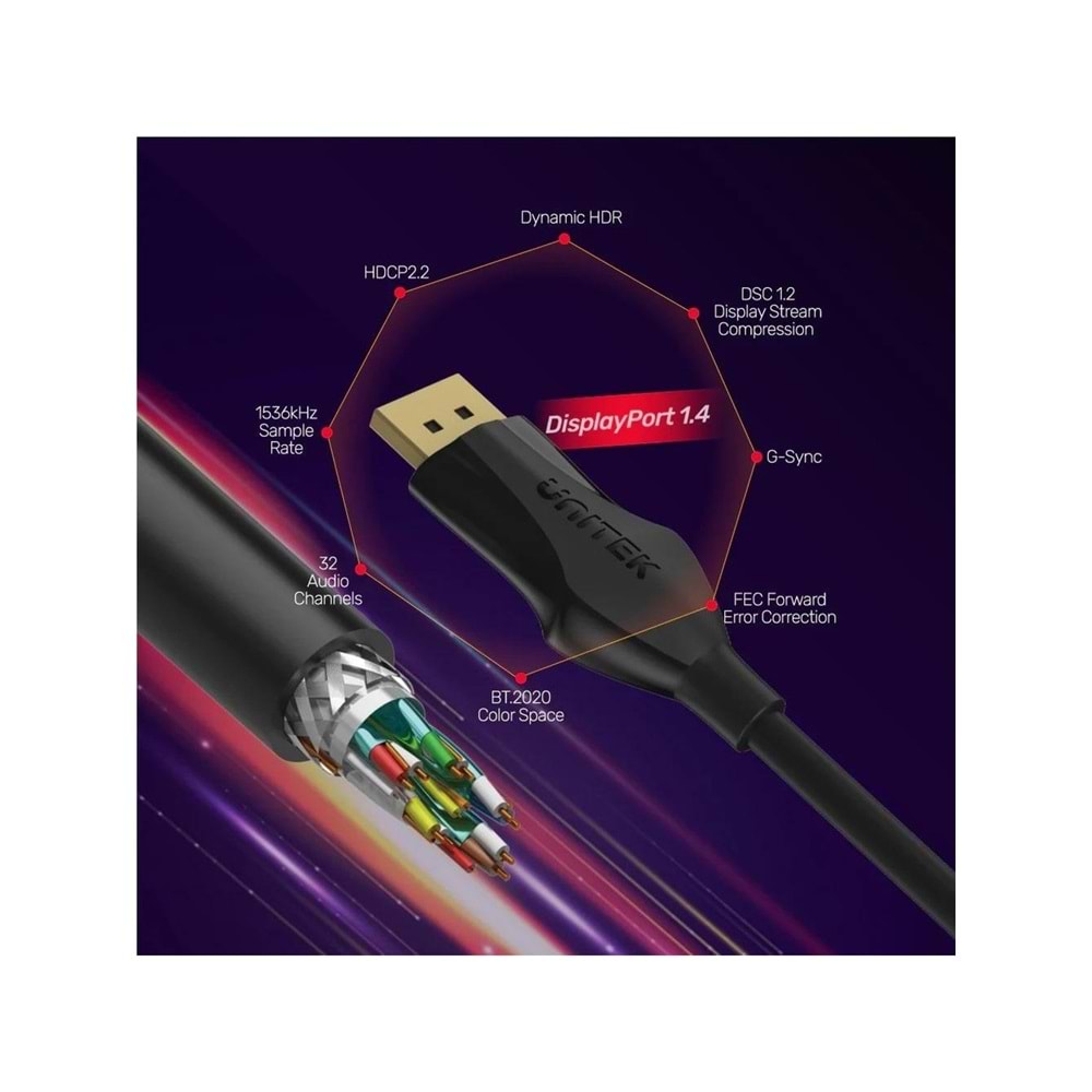UNITEK DisplayPort 1.4 Kablosu 2 Metre – 8K@60Hz – C1624BK-2M