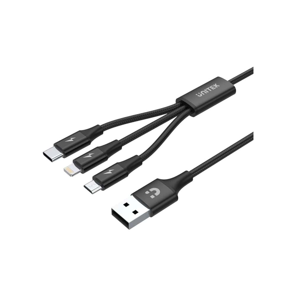 UNITEK USB-A 3in1 Hızlı Şarj Kablosu 1.2 Metre – Micro USB, Type-C, Lightning – C14049BK