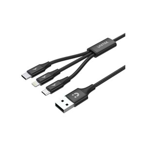 UNITEK USB-A 3in1 Hızlı Şarj Kablosu 1.2 Metre – Micro USB, Type-C, Lightning – C14049BK