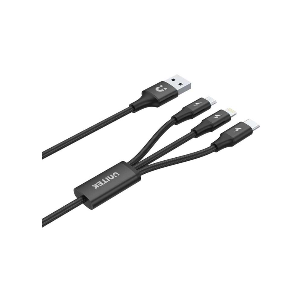 UNITEK USB-A 3in1 Hızlı Şarj Kablosu 1.2 Metre – Micro USB, Type-C, Lightning – C14049BK