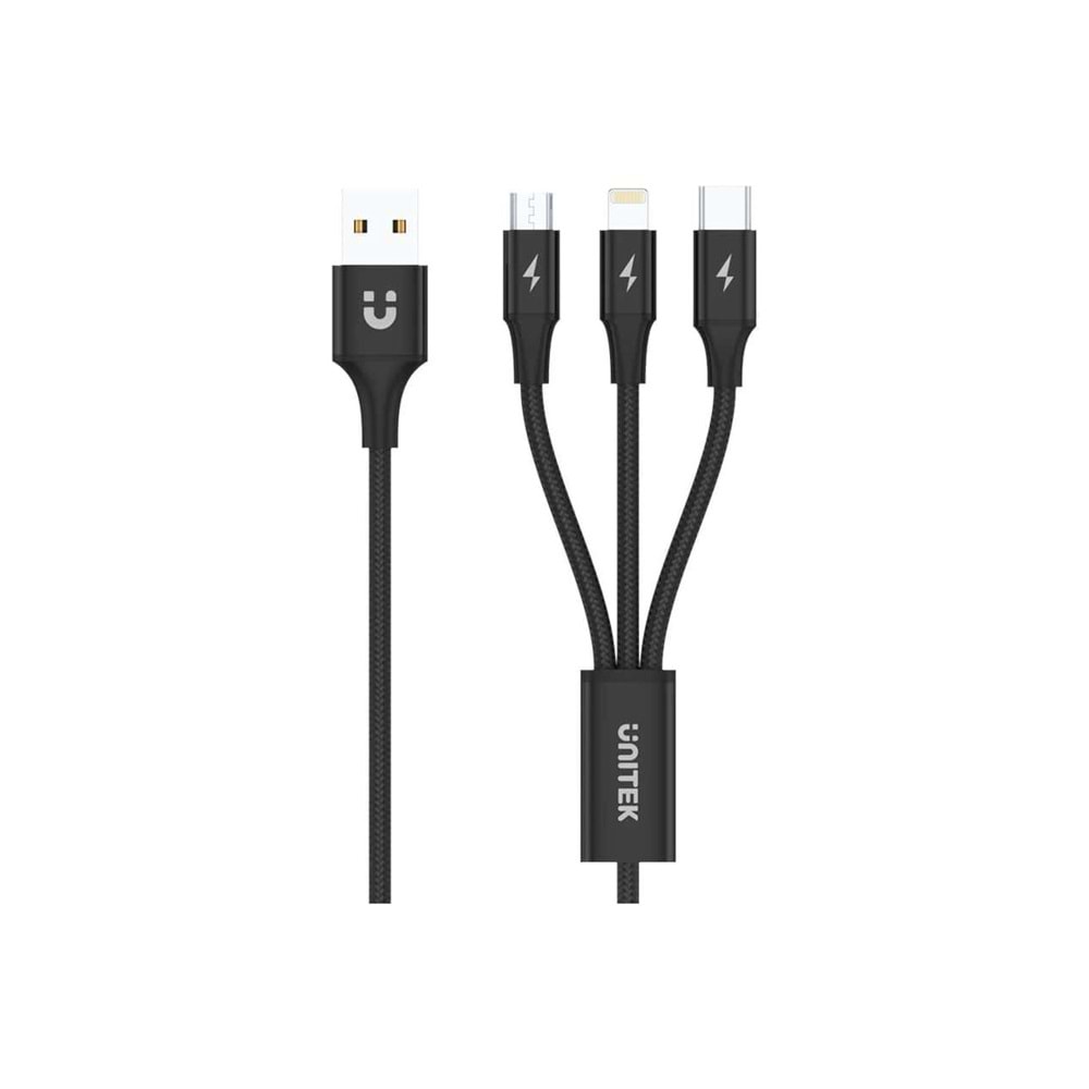 UNITEK USB-A 3in1 Hızlı Şarj Kablosu 1.2 Metre – Micro USB, Type-C, Lightning – C14049BK