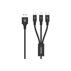 UNITEK USB-A 3in1 Hızlı Şarj Kablosu 1.2 Metre – Micro USB, Type-C, Lightning – C14049BK