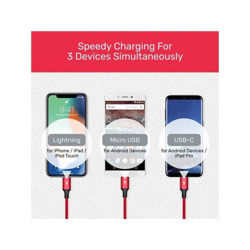 UNITEK USB-A 3in1 Hızlı Şarj Kablosu 1.2 Metre – Micro USB, Type-C, Lightning – C14049BK