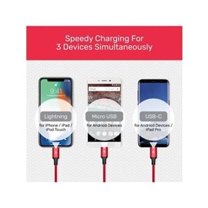 UNITEK USB-A 3in1 Hızlı Şarj Kablosu 1.2 Metre – Micro USB, Type-C, Lightning – C14049BK