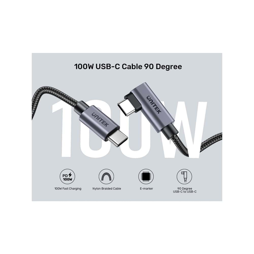 UNITEK Type-C Hızlı Şarj Kablosu 90 Derece 2 Metre – 100W – C14123BK-2M