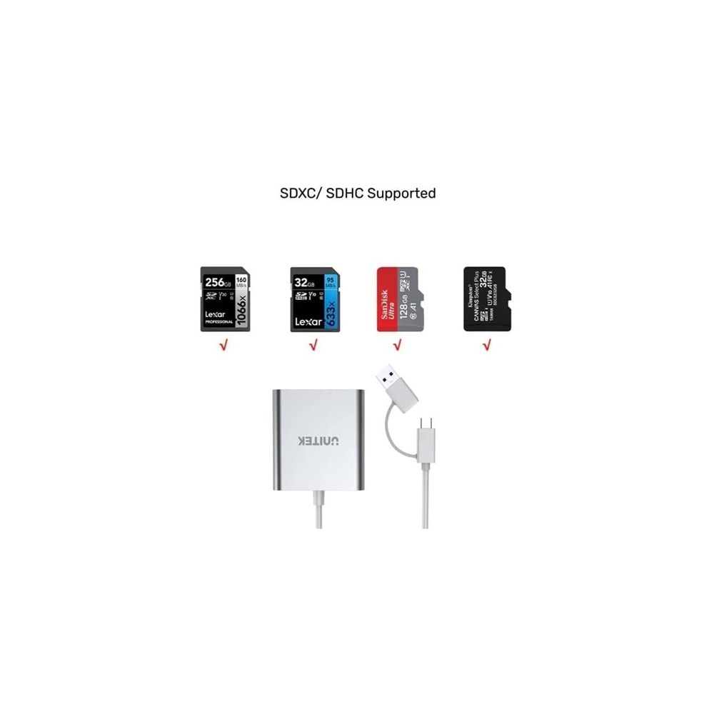 UNITEK USB-C/A to Hafıza Kart Okuyucu – SD/CF/Micro SD – 5Gbps – Y-9313D