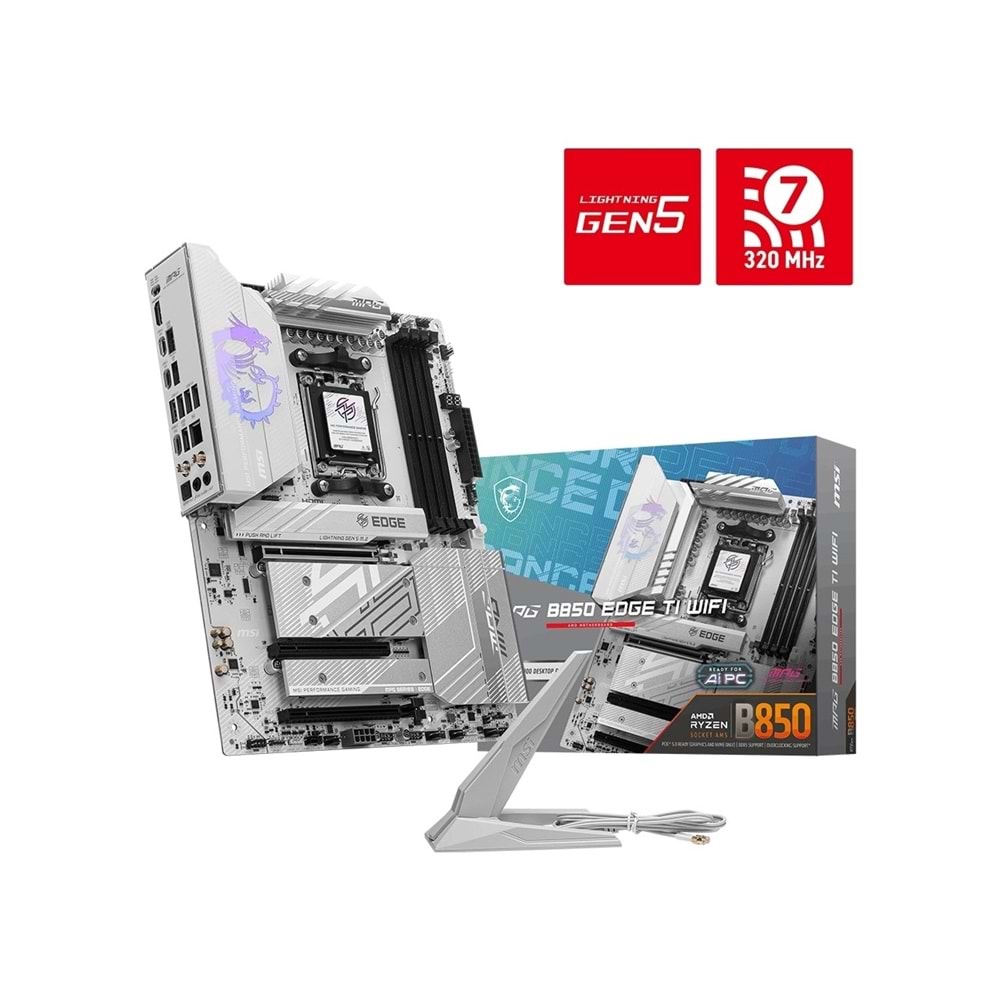 MSI MPG B850 EDGE Ti WiFi AM5 DDR5 8400MHz(OC) ATX Anakart (4xM.2, HDMI, Wi-Fi 7, 5G LAN)