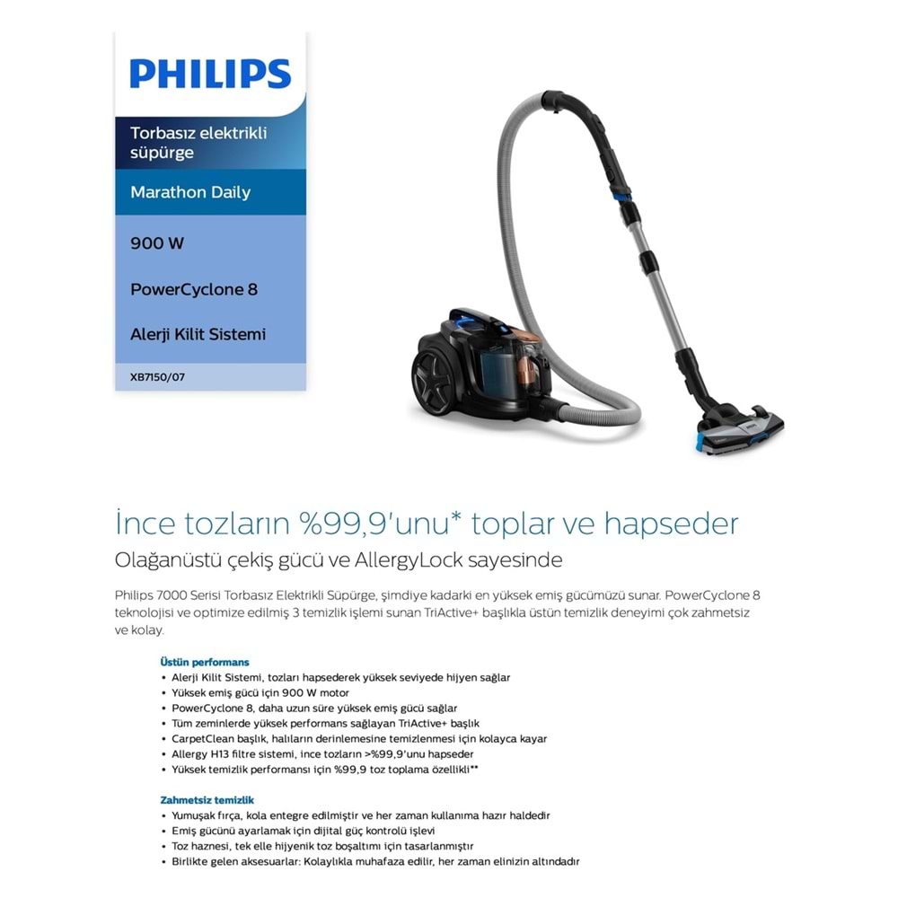 Philips Marathon Ultimate XB7150/07 Toz Torbasız Elektrikli Süpürge 900W - Gri