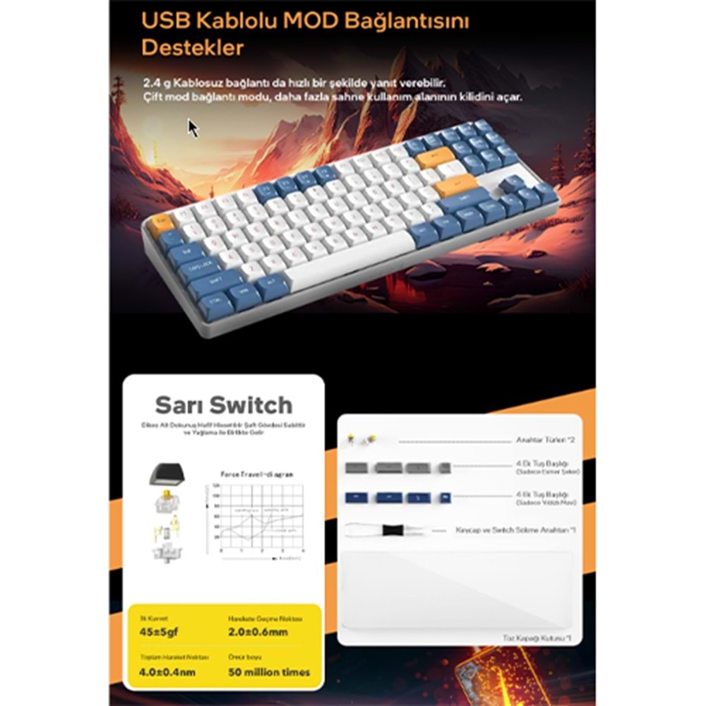 Aigo A87 Starry Blue Yellow Switch Mekanik Kablosuz Gaming Klavye (İngilizce)tch 89 Tuşlu 150cm USB-C 1200mA Pil