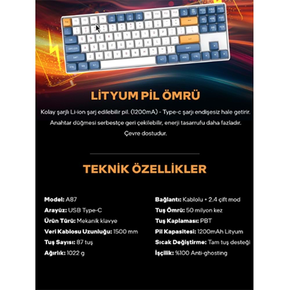 Aigo A87 Starry Blue Yellow Switch Mekanik Kablosuz Gaming Klavye (İngilizce)tch 89 Tuşlu 150cm USB-C 1200mA Pil